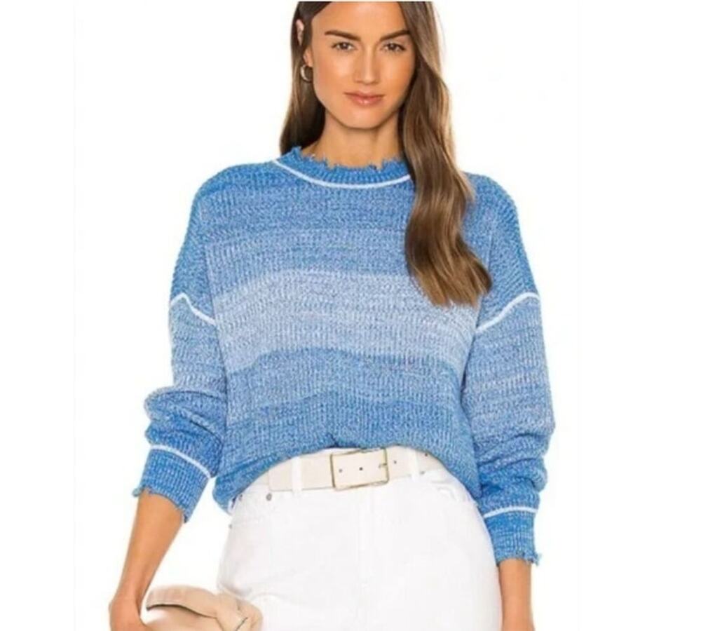 Pistola Eva Cropped Crewneck Pullover Sweater Stripe Distressed Salted Blue, M